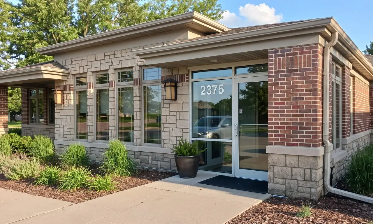 The entrance to Des Moines Cosmetic Dentistry Center at 2375 Berkshire Parkway, Clive, Iowa.