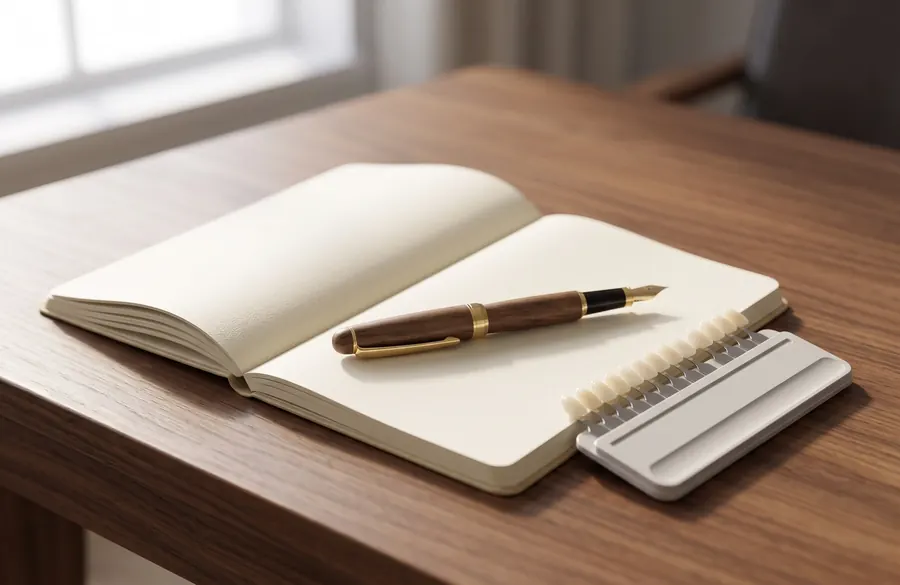 A notebook and pen beside a porcelain shade guide on a walnut desk.