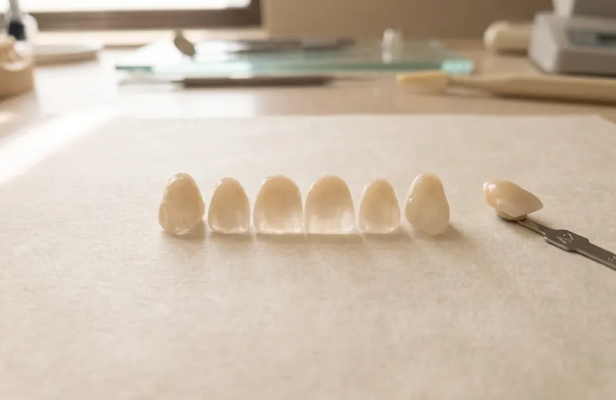 A row of porcelain veneer shells and a shade tab laid out on a sheet of ivory paper.