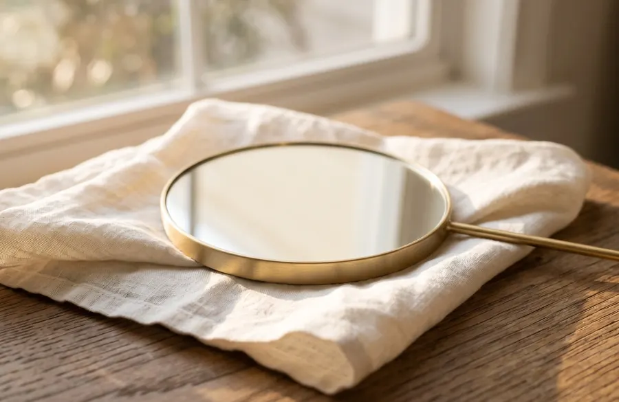 A round hand mirror lying on a folded linen cloth in warm morning light.