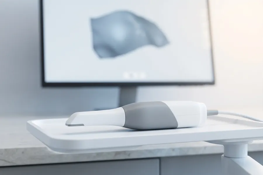 A handheld intraoral scanner wand resting on a clean white tray.